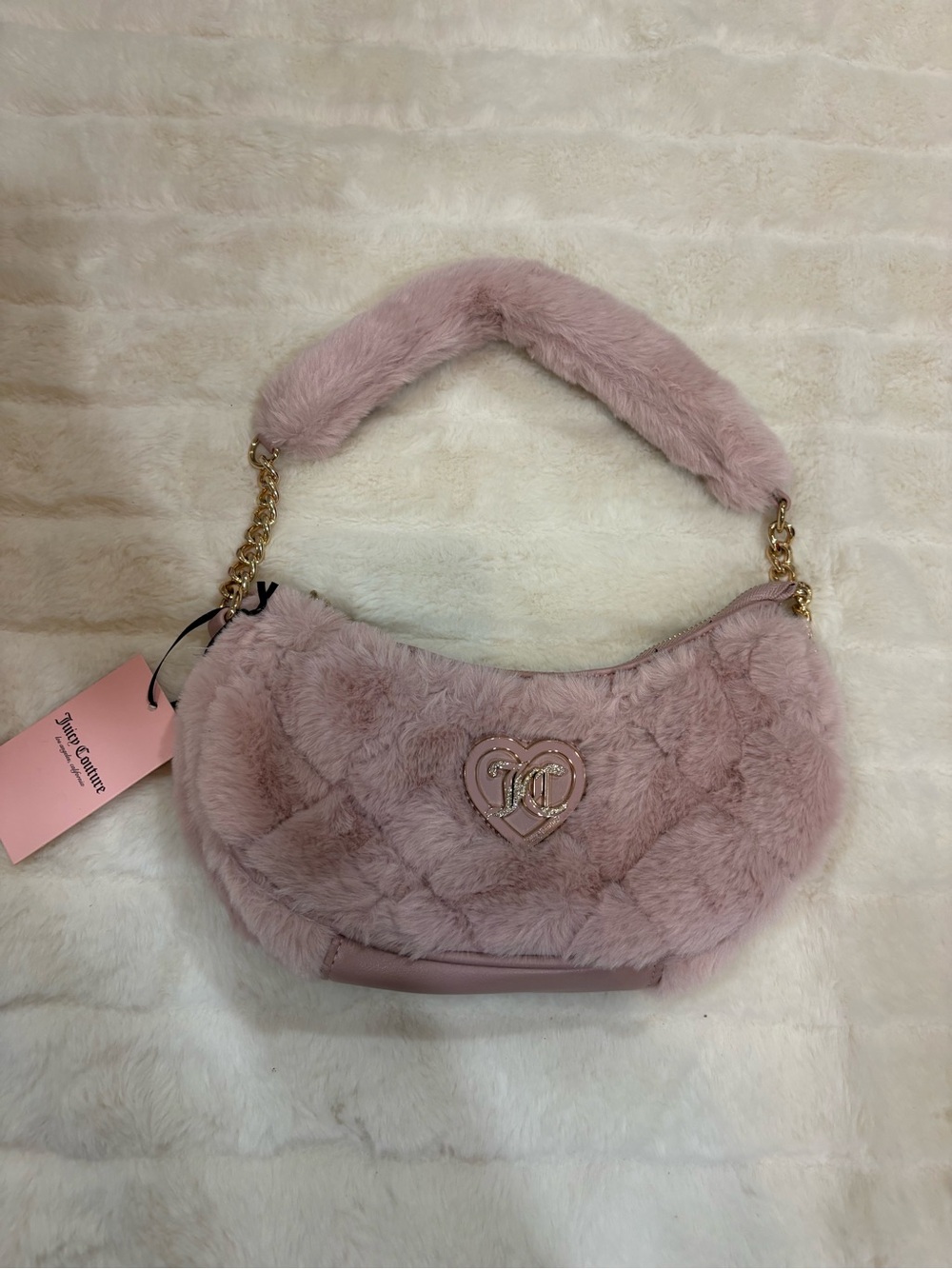 Juicy Couture Blush Pink Faux Fur Shoulder Bag with Gold Chain